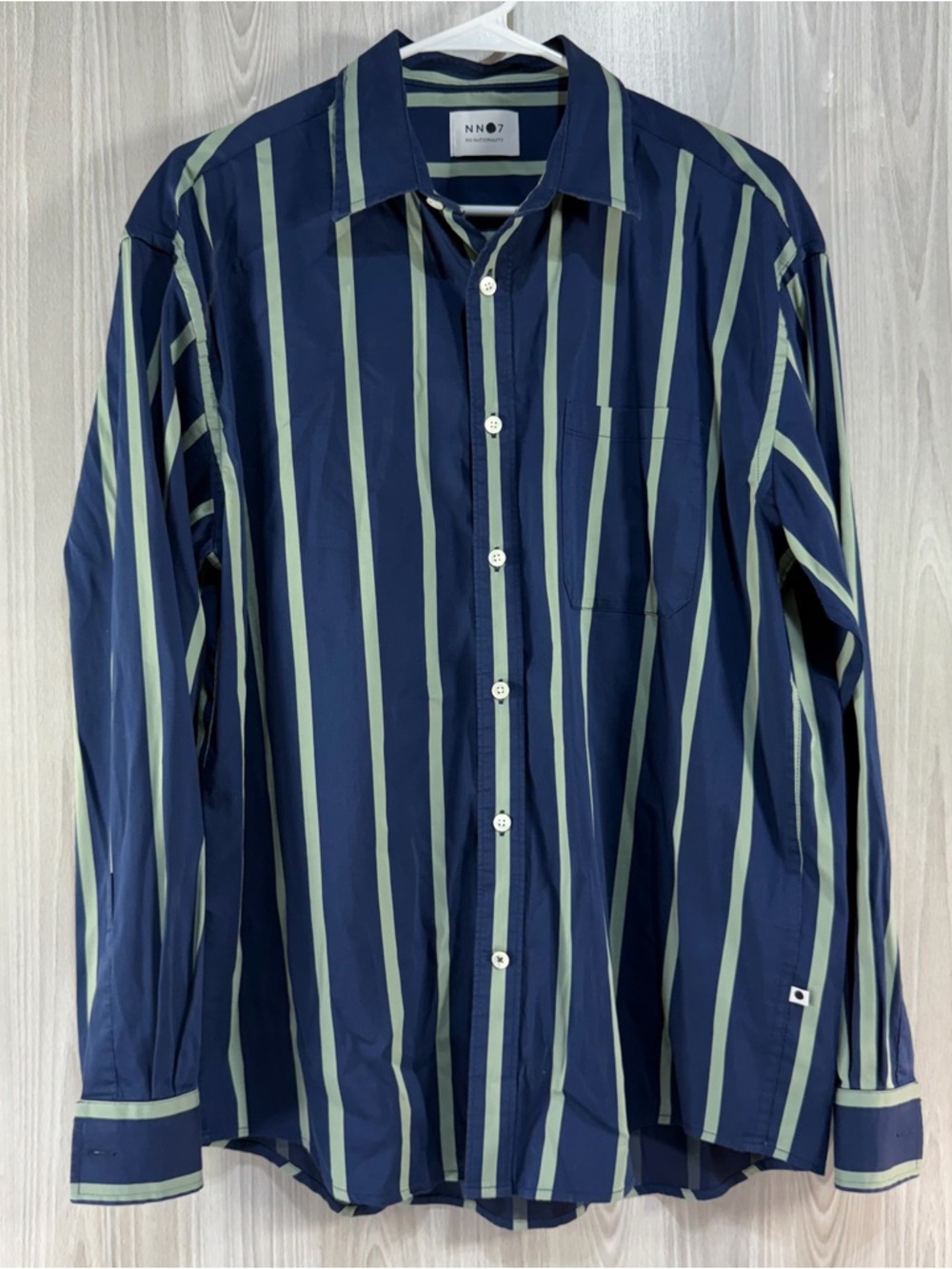 NN07 No Nationality Deon Shirt Navy Blue Vertical Stripe Button Down Men’s Large